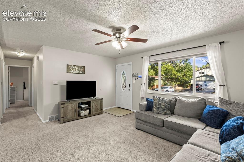 Image 7 of 30: Spacious living area featuring light-toned carpeting and a large front-faci