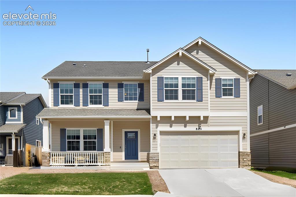 Image 1 of 33: Two-story residence featuring light-toned siding with contrasting blue shut