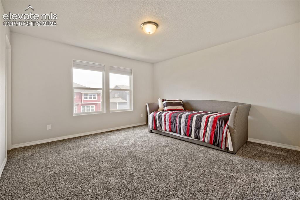 Image 21 of 33: Carpeted room with a neutral color palette, featuring two windows with blin