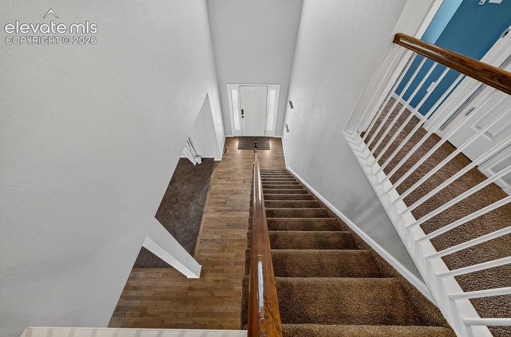 Image 24 of 50: Staircase with carpeted treads and risers, featuring wood-finish handrails