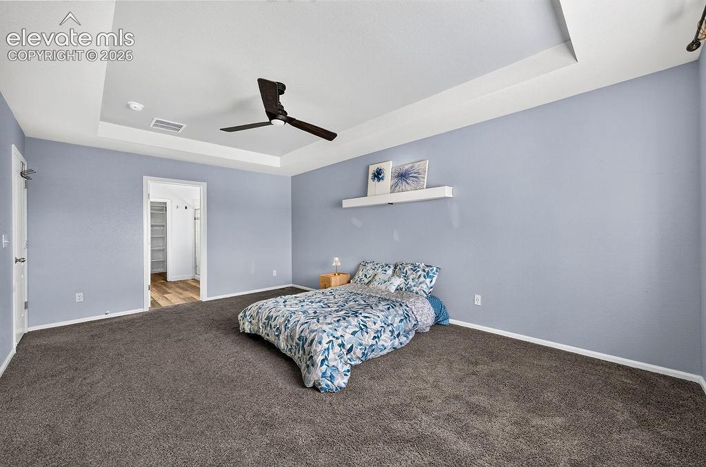 Image 26 of 50: Tray ceiling, ceiling fan, carpet flooring, wall-mounted shelving, wood-fin