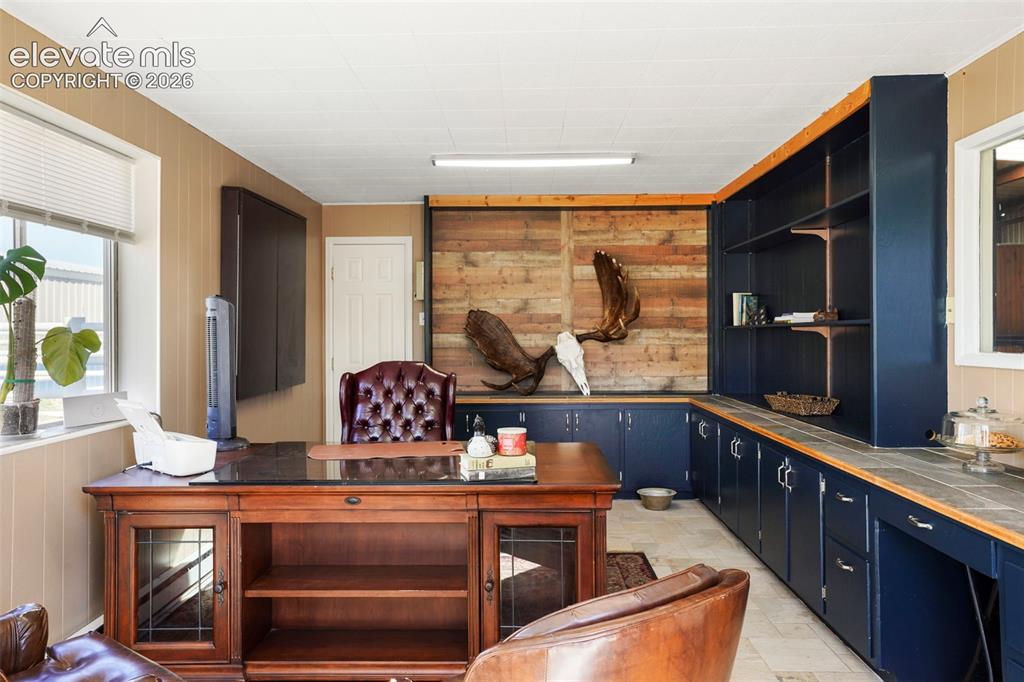 Image 21 of 41: Custom built-in shelving, extensive built-in cabinetry with wood-finish cou