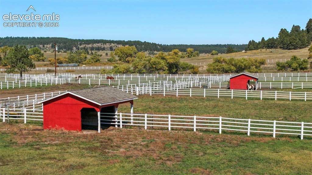 Image 27 of 41: Expansive pastures featuring white fencing, two red outbuildings with shing