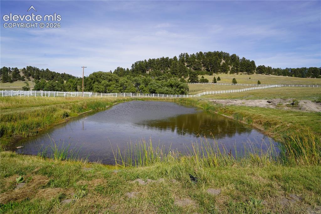Image 5 of 41: Pond with natural landscaping, surrounded by a white fence, and backed by a