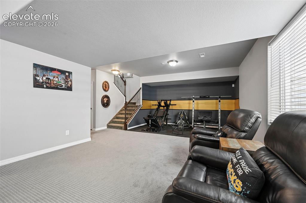 Image 35 of 50: Basement game room, with designer wetbar, arcade area, workout/gym area, an