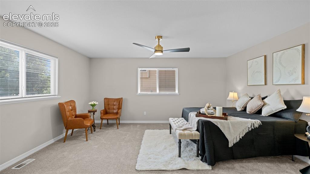 Image 27 of 48: Spacious bedroom featuring neutral carpeting, light-toned walls, and multip