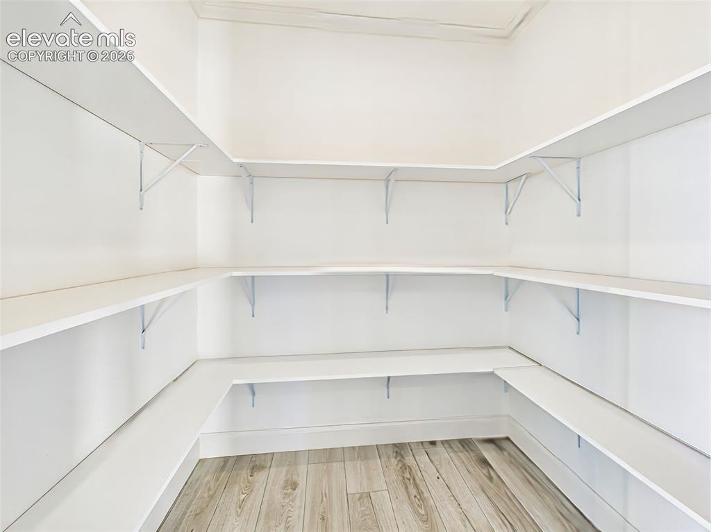 Image 19 of 50: Walk-in pantry with wraparound shelving for ample kitchen storage and organ