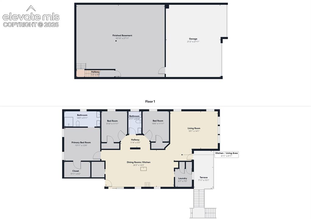 Image 50 of 50: Complete floor plan layout illustrating main level, basement, and garage di