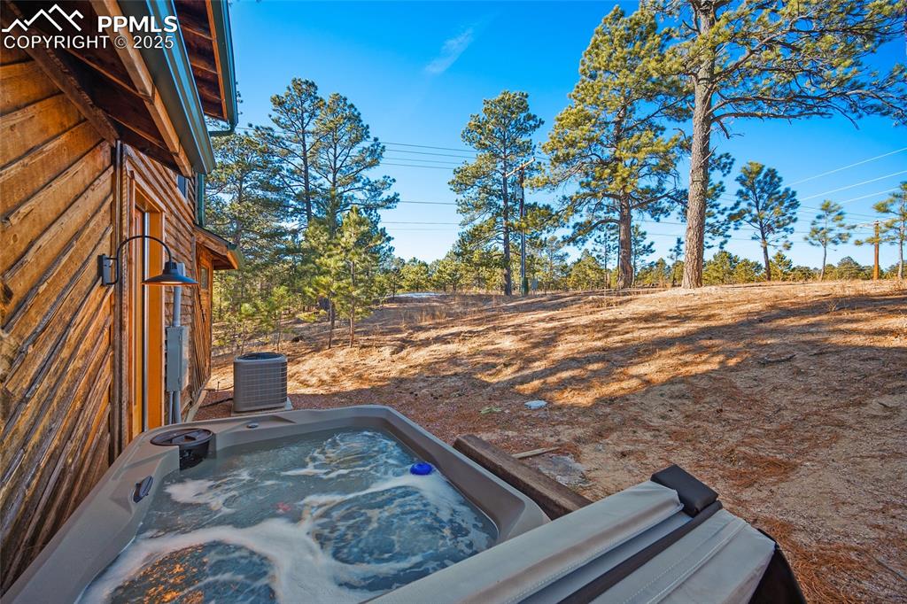 Image 29 of 42: Hot tub in the forested backyard