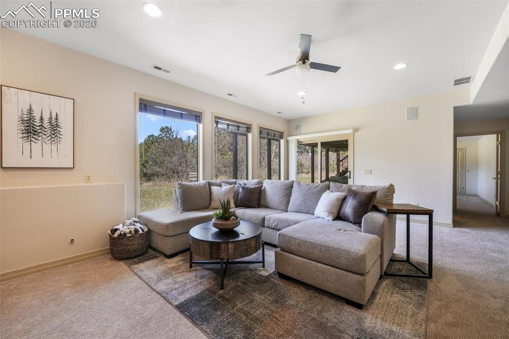 Image 39 of 50: Bedroom featuring a large window, neutral carpeting, a ceiling fan, and lig