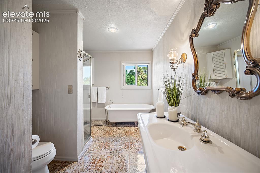 Image 32 of 47: Upstairs bath room, with hand painted Italian tile, claw foot tub and free