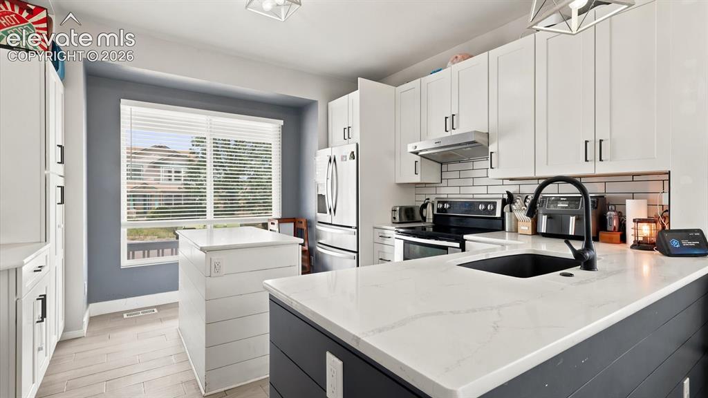 Image 8 of 50: Appliances include a smooth-top double oven range, dishwasher, vent hood, &