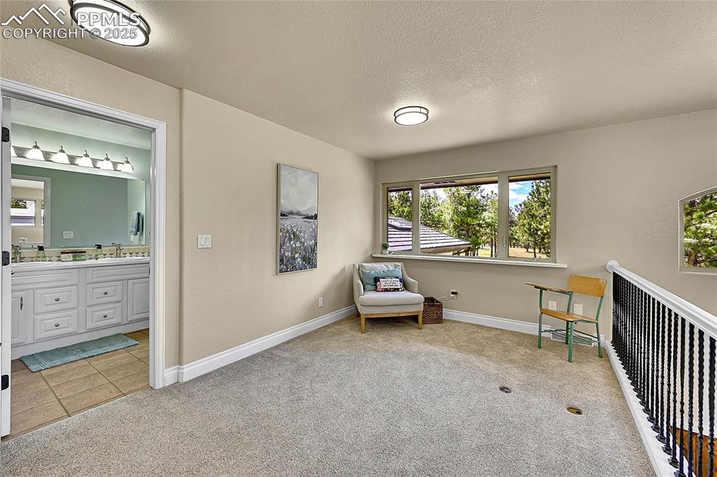 Image 16 of 50: Loft area featuring plenty of natural light and views of pines and pond. 
