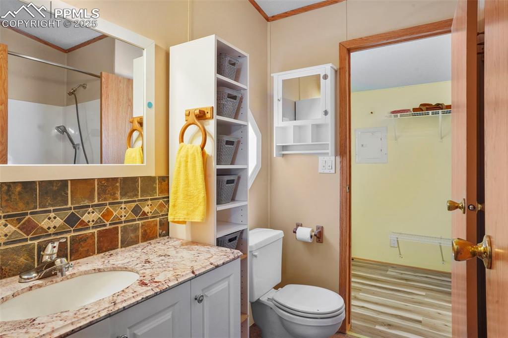 Image 13 of 29: Full bath with decorative backsplash, vanity, a shower, electric panel, and