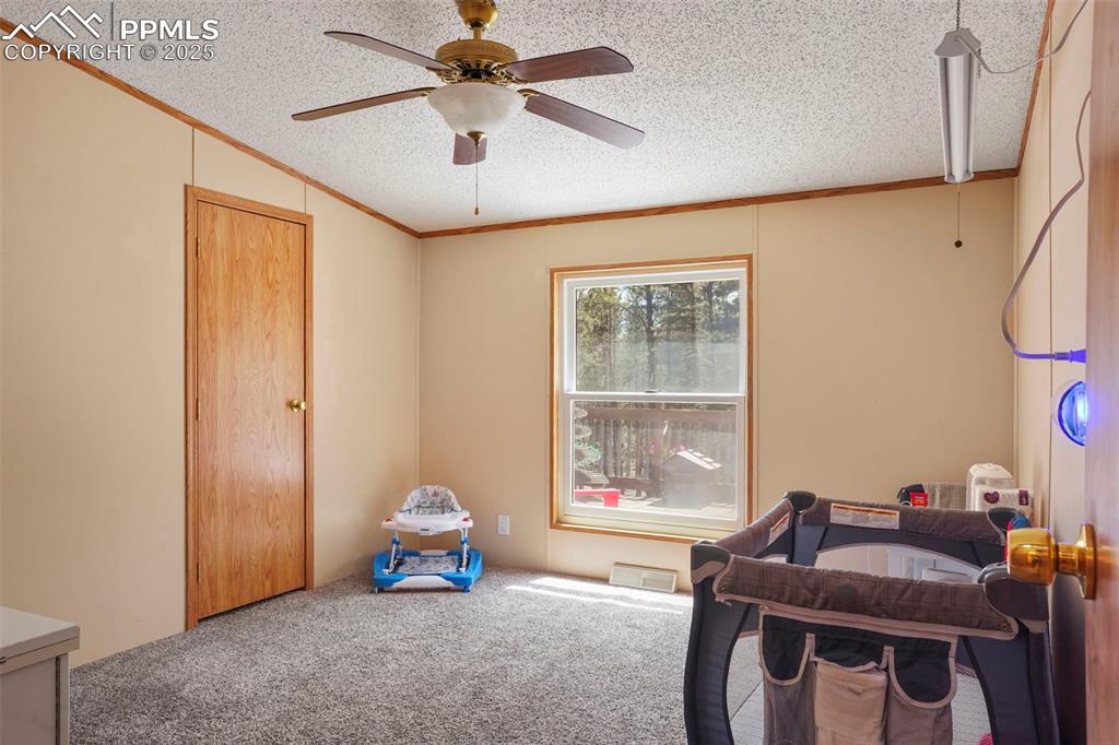 Image 17 of 29: Carpeted bedroom with crown molding, a textured ceiling, and ceiling fan