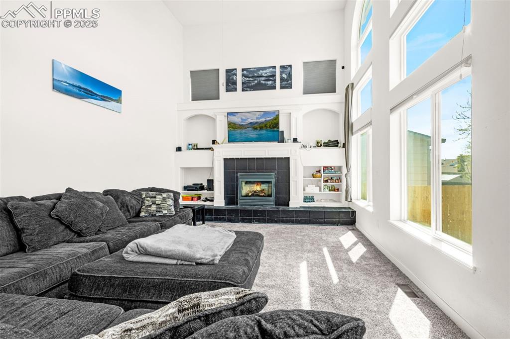 Image 4 of 17: Carpeted living area featuring baseboards, a towering ceiling, built in she