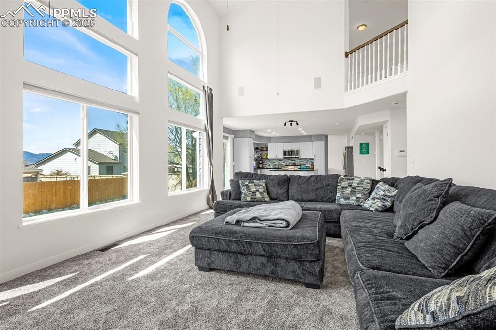 Image 5 of 17: Carpeted living room featuring baseboards and visible vents
