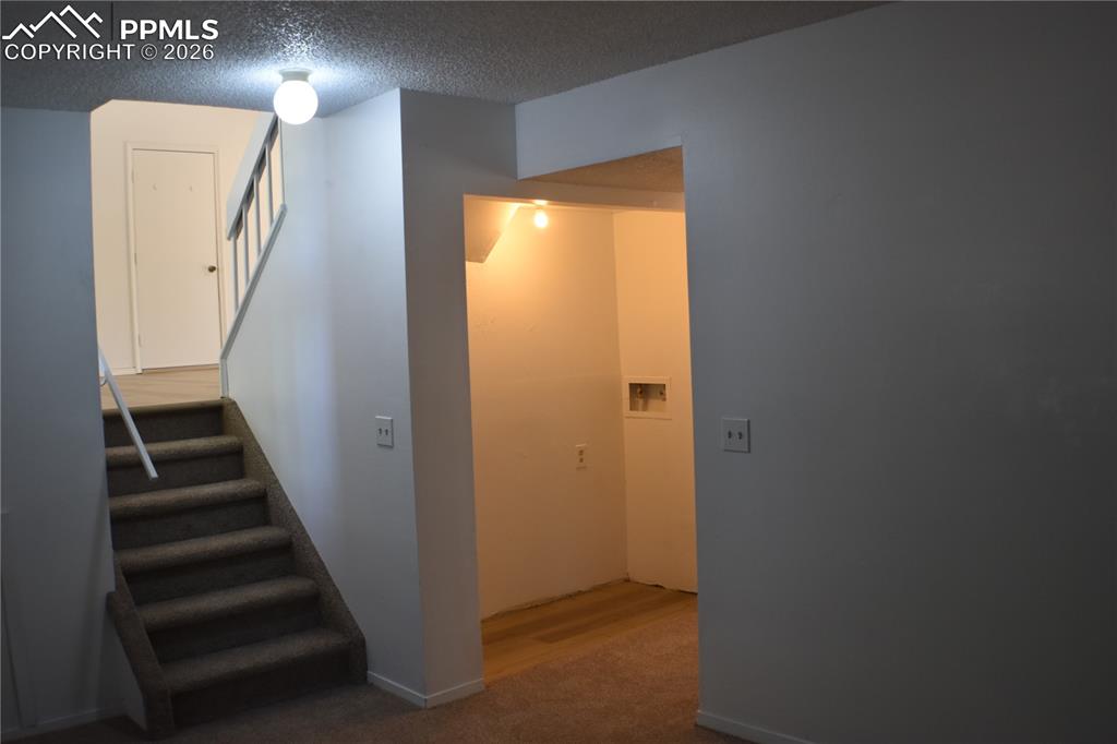 Image 19 of 40: Stairway featuring carpet flooring and a textured ceiling