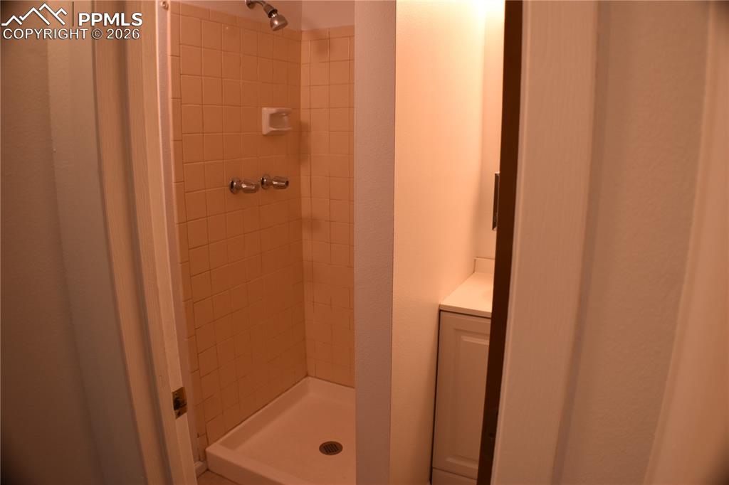 Image 22 of 40: Full bathroom with a tile shower and vanity