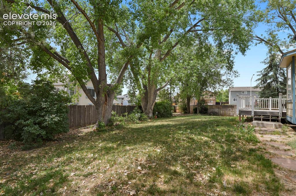 Image 31 of 48: Spacious backyard featuring mature trees, wood fence perimeter, and a multi