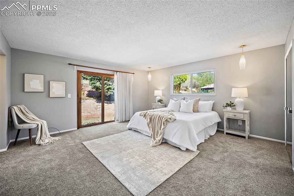 Image 29 of 50: Primary bedroom with sliding door to backyard.