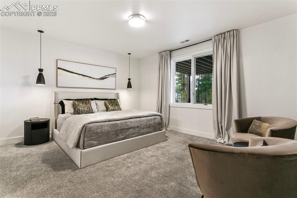 Image 42 of 50: Lower level Jr Ensuite Bedroom with large windows, walk in closet and views