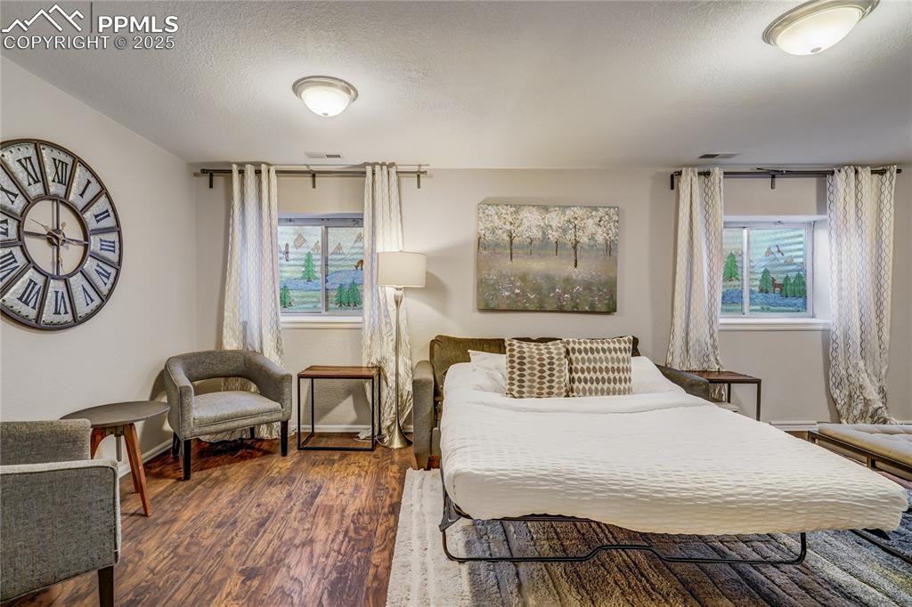 Image 21 of 35: Recreation room in the basement with good lighting, murial painted on the w