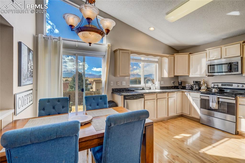 Image 5 of 35: Kitchen and dining area with views of Pikes Peak, stainless steel appliance