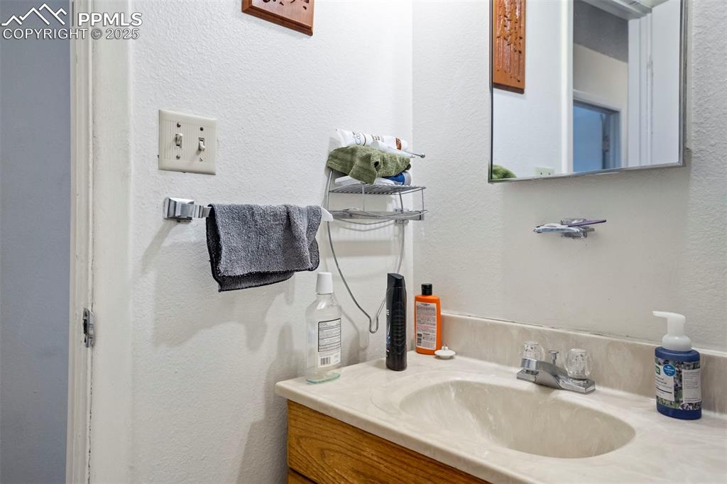 Image 26 of 38: Bathroom with a textured wall and vanity