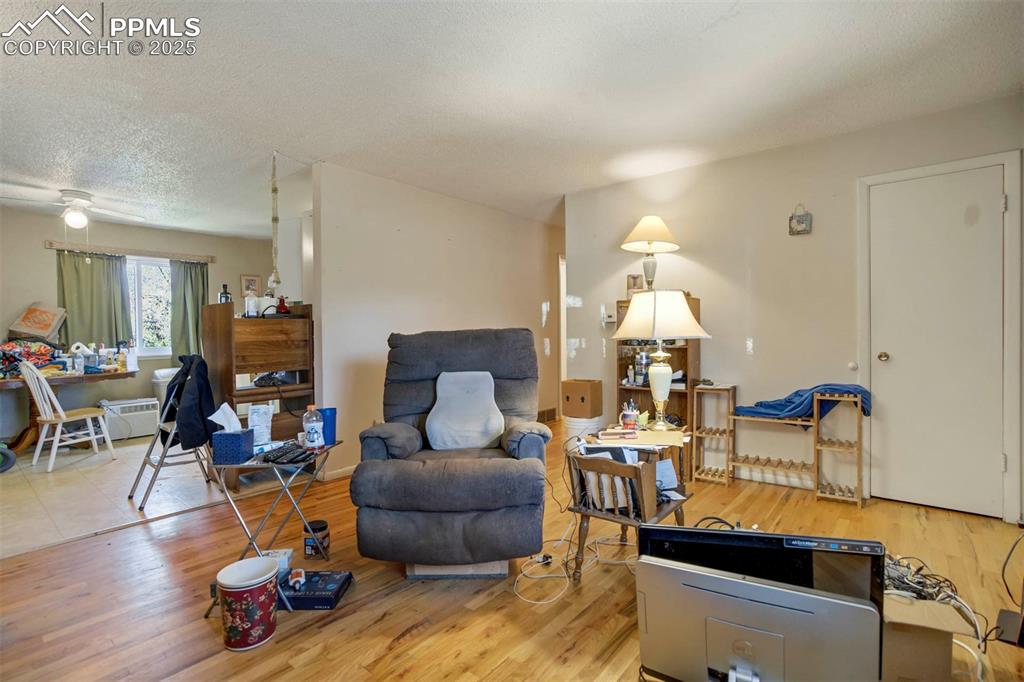 Image 7 of 38: Living area with light wood finished floors and a textured ceiling