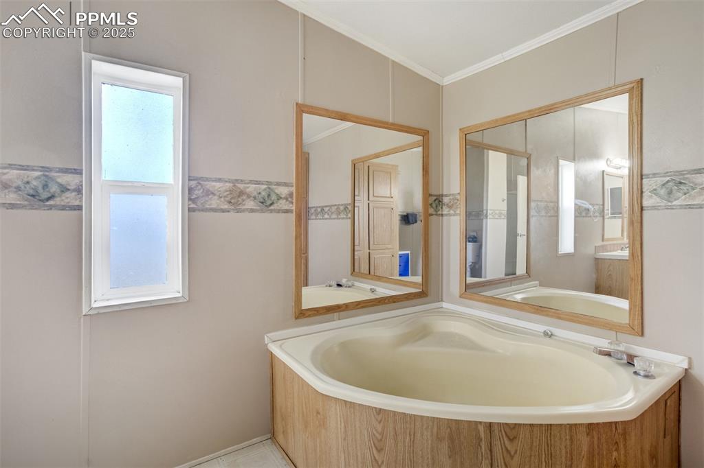 Image 23 of 49: Full bathroom featuring crown molding, vanity, and a garden tub
