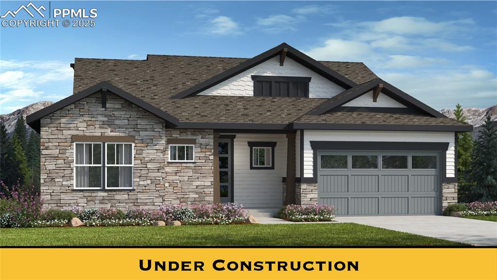 Caption: View of front of home with stone siding, a garage, concrete driveway, and a shingled roof