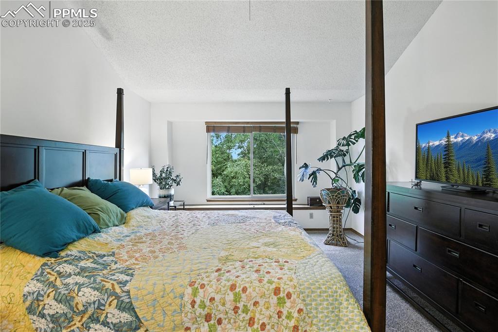 Image 19 of 50: Bedroom with a textured ceiling and carpet floors