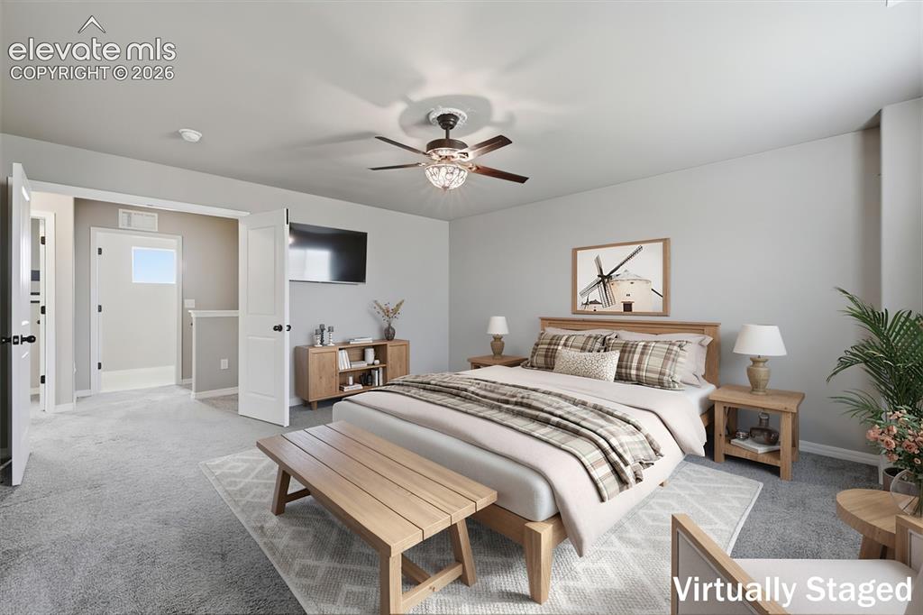 Image 29 of 46: Recessed lighting, ceiling fan with light fixture, gray wall paint, and gra