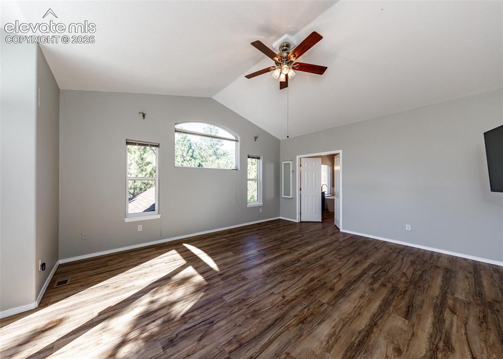 Image 12 of 48: Vaulted ceilings, wood-finish flooring, multi-light ceiling fan, and arched