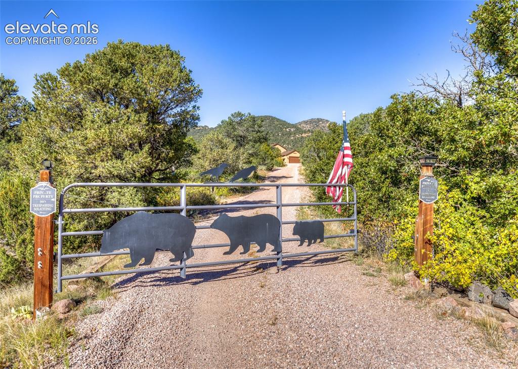 Image 4 of 48: Metal entry gate featuring custom bear silhouettes, mounted on timber posts