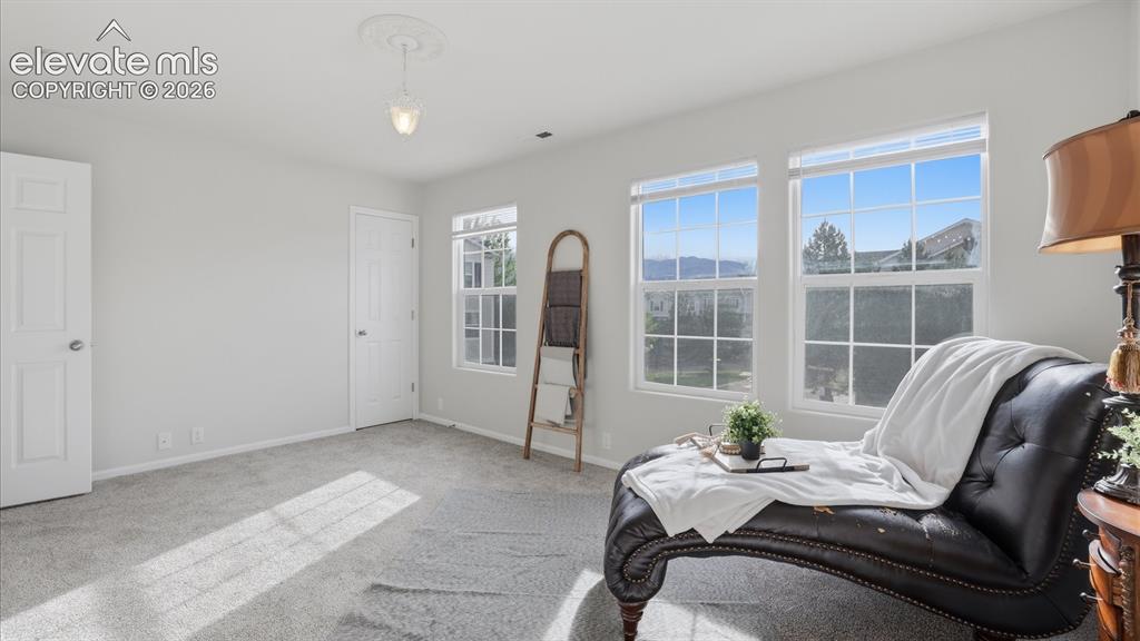 Image 26 of 29: Spacious upper level Bedroom #2 with neutral carpet, updated lighting, walk