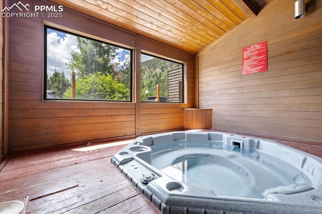 Image 16 of 17: Common area: Miscellaneous room with a hot tub, wood walls, a sauna, lofted