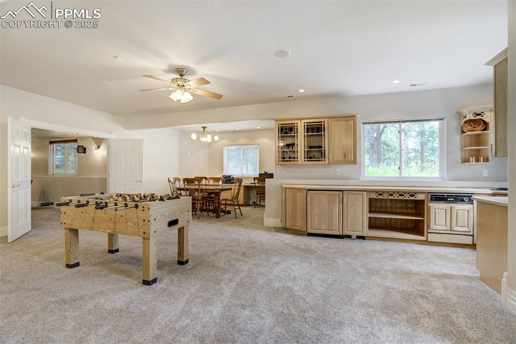 Image 31 of 50: Recreation room featuring healthy amount of natural light, light colored ca