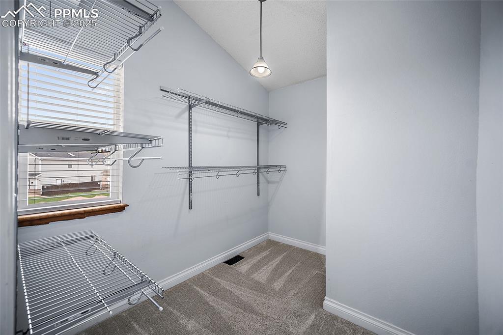 Image 35 of 50: Spacious closet featuring light colored carpet and lofted ceiling