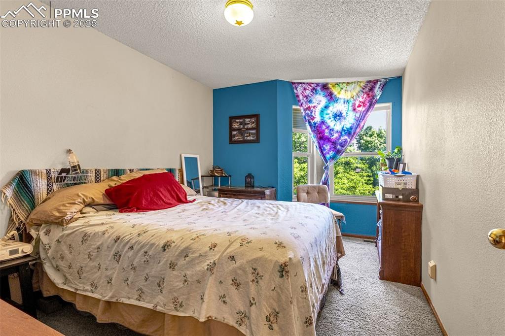 Image 18 of 33: Bedroom with carpet flooring, a textured ceiling, and a textured wall