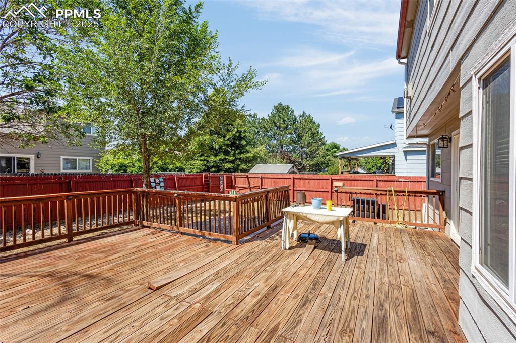 Image 28 of 33: Wooden deck featuring a fenced backyard