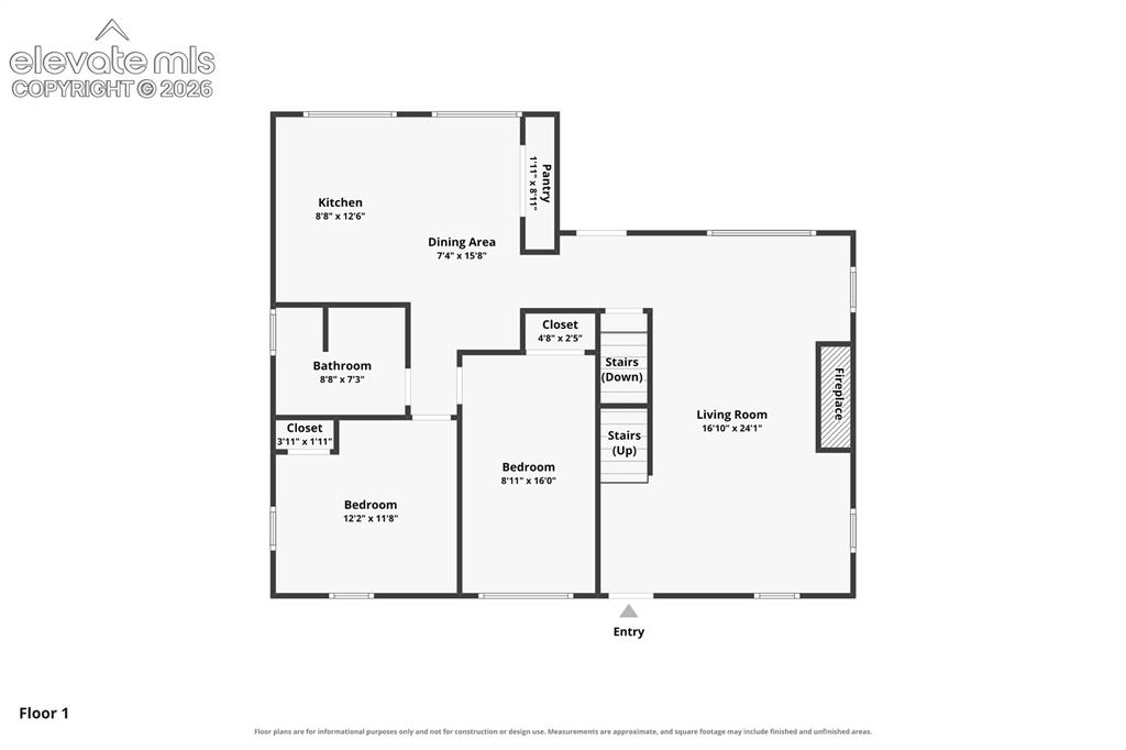 Image 2 of 32: Main level layout with two bedrooms, full bath, kitchen, dining and living 
