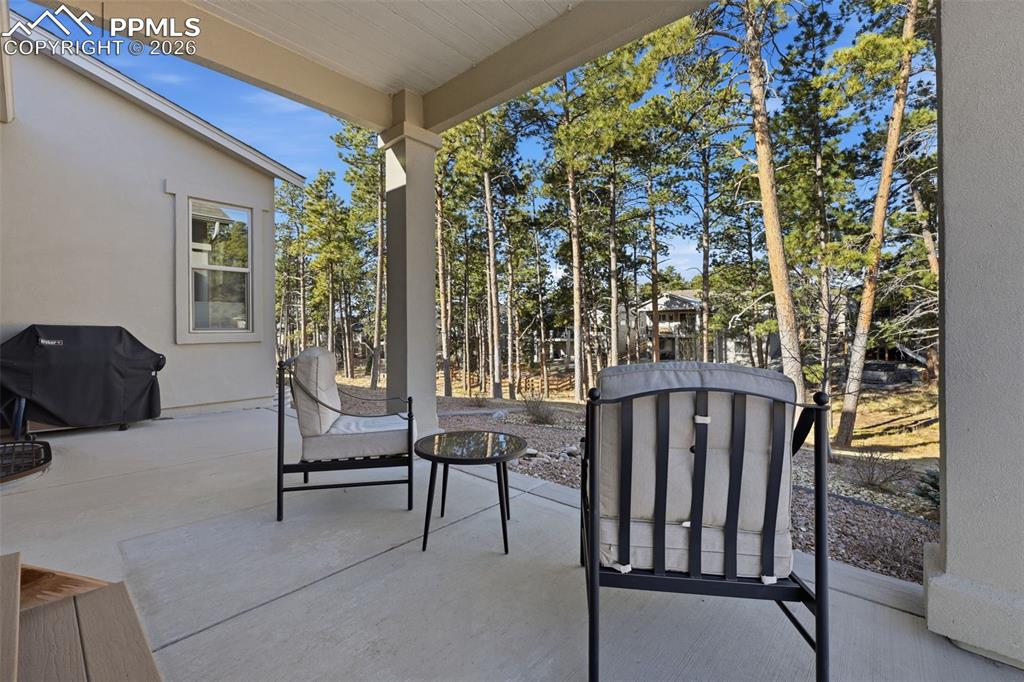 Image 36 of 40: Wonderful covered patio with treed open space!