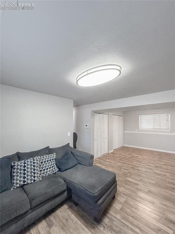 Image 19 of 28: Living Room; Spacious lower-level living area with wood-style flooring, neu