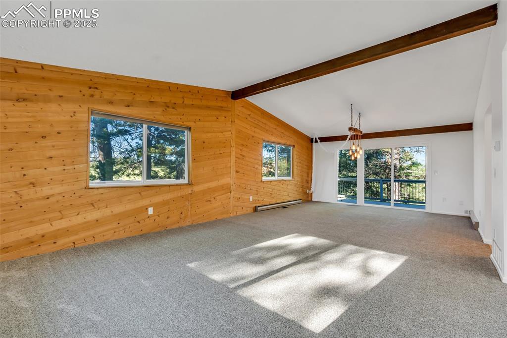 Image 14 of 46: Carpeted empty room with wooden walls and baseboard heating