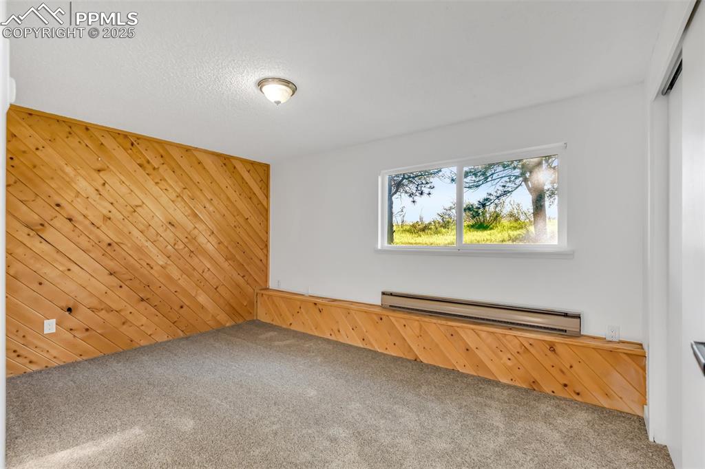 Image 19 of 46: Carpeted empty room with baseboard heating and wooden walls