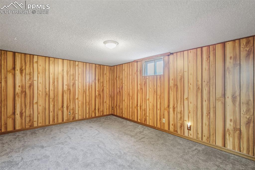 Image 19 of 35: Unfurnished room with a textured ceiling, carpet flooring, and wooden walls