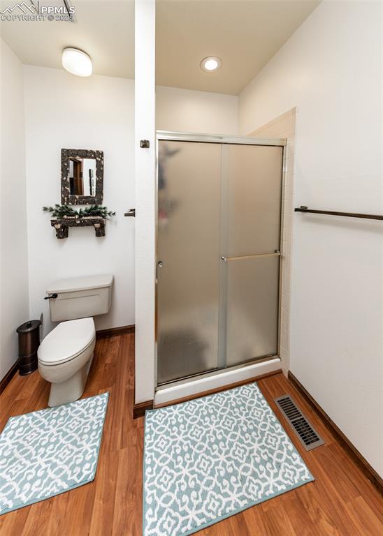 Image 31 of 37: Master bathroom featuring wood finished floors and a shower stall