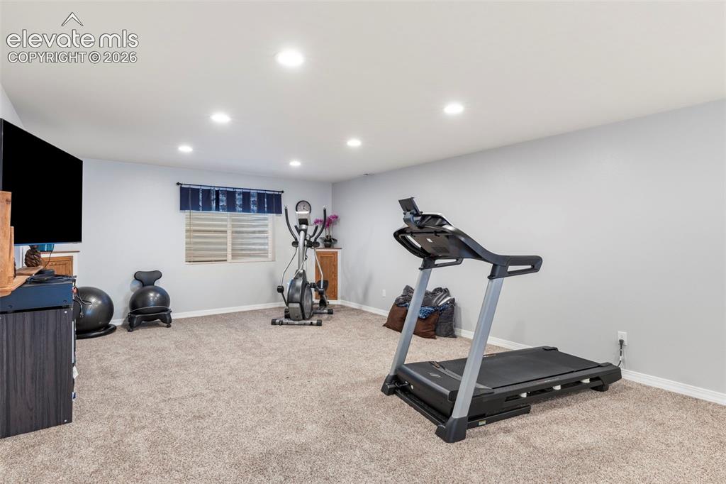 Image 22 of 28: Recessed ceiling lighting, neutral-toned carpeting, a window with horizonta